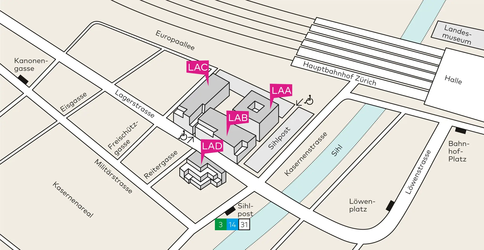 Schematische Darstellung der vier Gebäude der Pädagogischen Hochschule Zürich in der Nähe des Hauptbahnhofs, mit entsprechenden Verkehrsanbindungen.